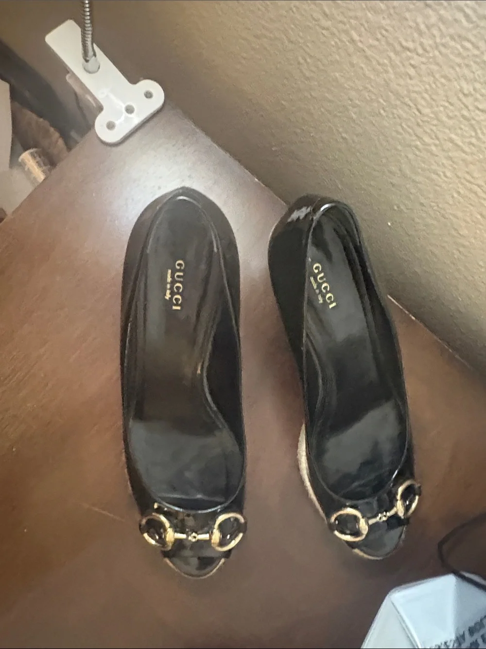 Gucci Black Patent Leather Peep-Toe Pumps with Gold Horsebit